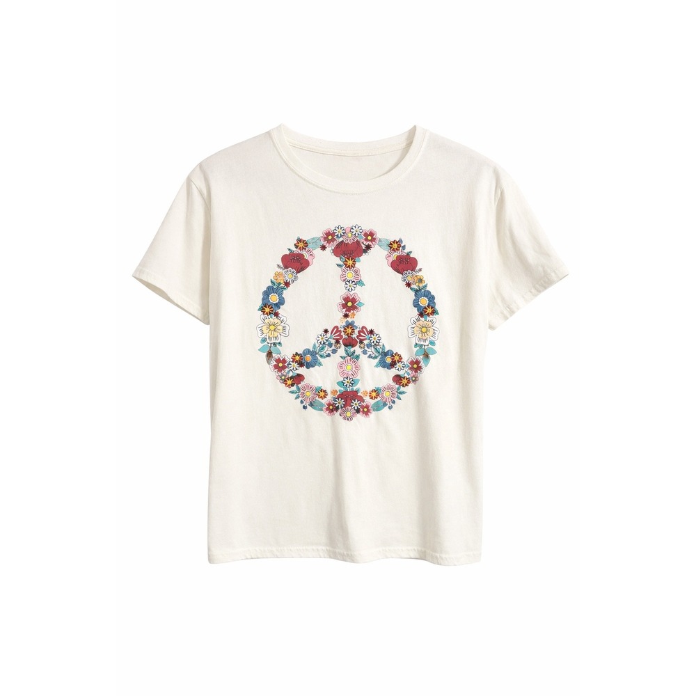 FREEZE Womens Floral Peace Sign Graphic T-Shirt Cream Off White Size‎ M